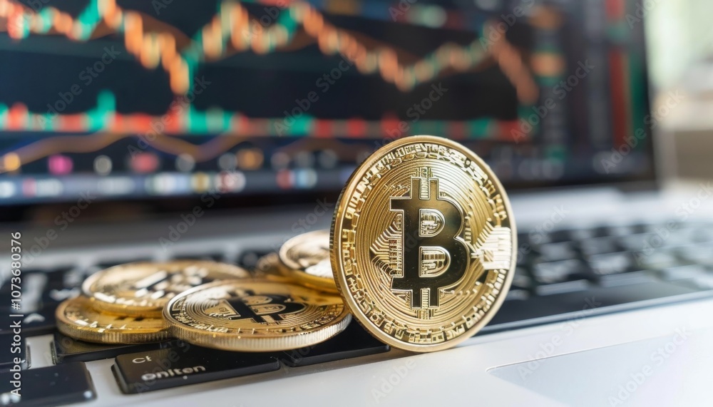 Aufkleber A close-up of Bitcoin coins on a laptop keyboard with cryptocurrency charts in the background, highlighting digital finance.