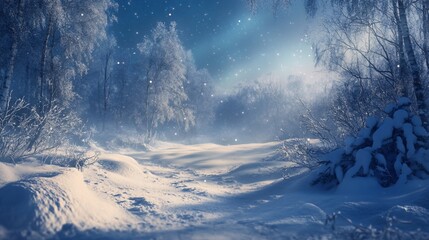 A snowy forest path illuminated by moonlight, with a light snowfall creating a magical ambiance.