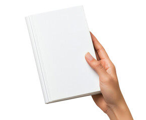 Obraz premium Hand holding a plain white hardcover book, placed on a white background, fully visible and centered. PNG transparent.