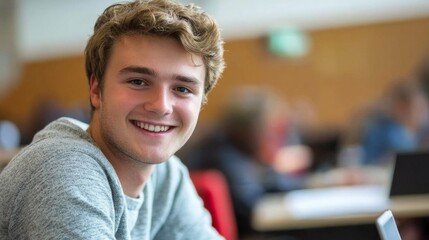 Smiling male student sitting in university classroom, AI Generative