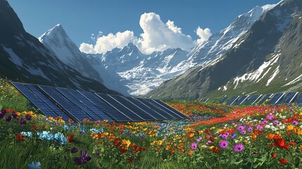 Solar panels in a field of wildflowers against a backdrop of snow-capped mountains.
