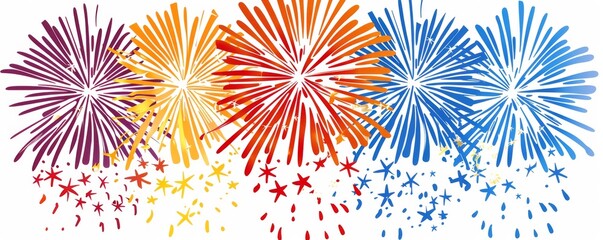Colorful fireworks explode in vibrant patterns against a white background, symbolizing celebration and joy.