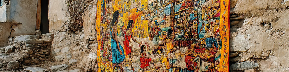Tribal Tapestry: A vibrant woven cloth, depicting scenes of everyday life in a traditional culture, hung on a rough-hewn wall.