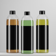 Three clear plastic bottles filled with colorful liquids and featuring blank black labels, stand against a simple gray backdrop. This mockup is perfect for showcasing beverage, beauty.