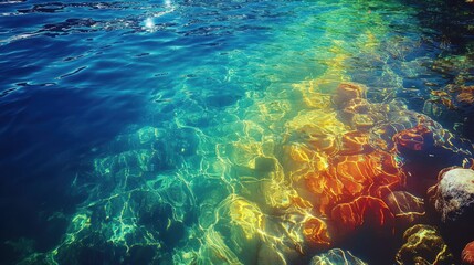 Obraz premium Abstract view of the sea floor through crystal clear water with vibrant light and color reflections.