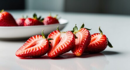 Sliced strawberries with juicy red seeds closeup.