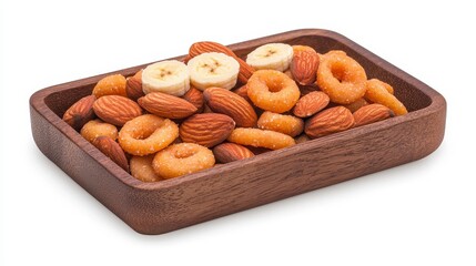 Assorted Snack Platter Featuring Almonds, Dried Fruits, and Banana Chips Arranged in a Wooden Tray for a Healthy Snack Options Display