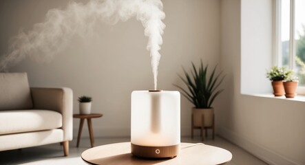 A modern aroma diffuser emits vapor in a cozy living room during daytime.