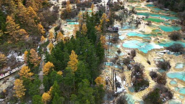 Aerial shots of Huanglong national park in autumn, China.