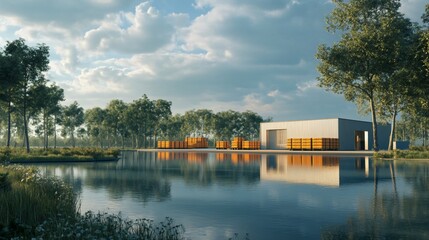 Fototapeta premium A modern building with large windows and a flat roof stands by a pond in a lush green forest.