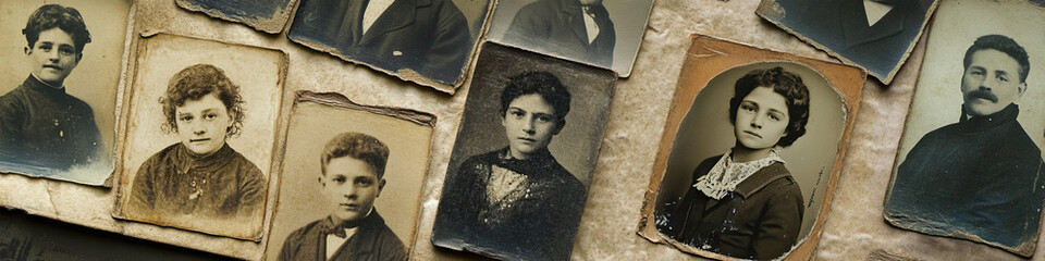 Fototapeta premium Heirloom: A collection of old photographs, depicting various family members with unique hairstyles and textures.