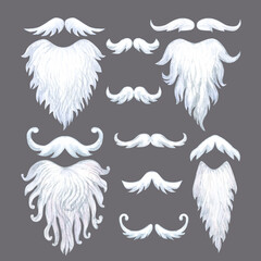 Fototapeta premium White lush beard and mustache of Santa Claus isolated on gray background. Set of watercolor illustrations. Christmas template for greeting cards, scrapbook, textile, wrapping for New Year celebration
