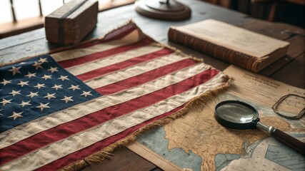 A map of the United States is on a table next to a flag
