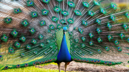 Obraz premium A vibrant peacock displaying its dazzling plumage with intricate eye patterns, showcasing a blend of green and blue hues in a lush natural setting.