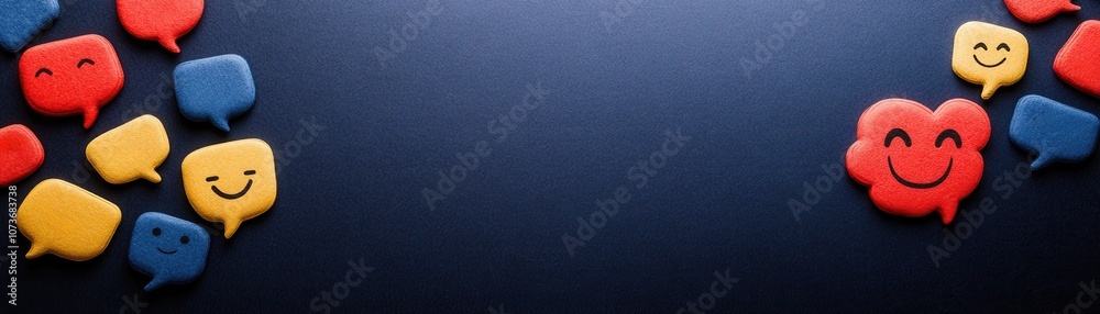 Poster colorful speech bubbles with smiley faces on a dark background, evoking a cheerful and playful commu