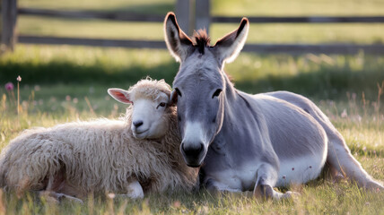 Obraz premium A gentle donkey and a fluffy sheep resting together in a sunlit meadow, showcasing a heartwarming bond between the two animals.