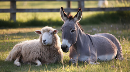 Obraz premium A serene scene depicting a sheep and a donkey relaxing together in a lush green field, bathed in warm sunlight.
