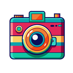 Flat illustration of a camera with a yellow, red, and blue striped body