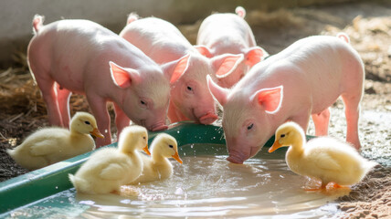 A playful scene of four light pink piglets and three fluffy yellow ducklings enjoying a splash in a water trough under warm sunlight.