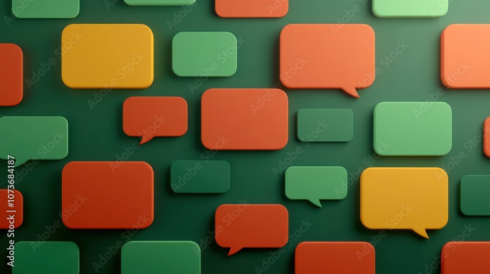 Poster a vibrant arrangement of colorful speech bubbles on a green background, symbolizing communication an