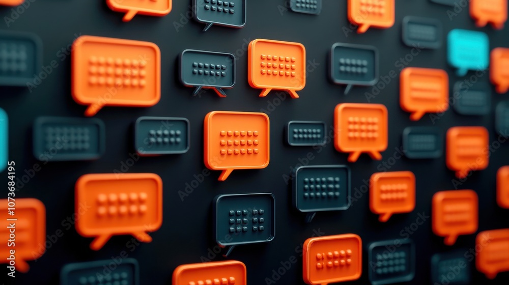 Aufkleber A colorful array of chat bubbles in orange, blue, and black, suggesting communication and digital interaction.