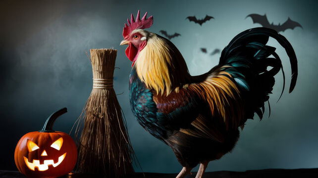 A colorful rooster with a vibrant plumage stands beside a carved pumpkin and a broom, set against a spooky Halloween backdrop with bats flying in the sky. - Powered by Adobe