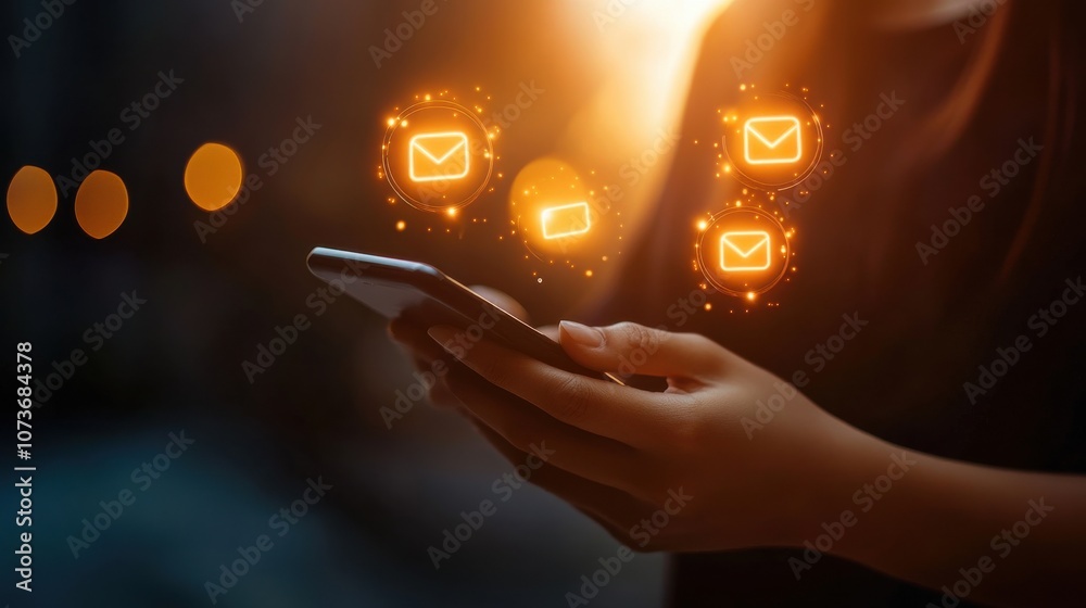 Fototapete A person holds a smartphone with glowing email icons, symbolizing communication and digital interaction in a modern, tech-driven environment.