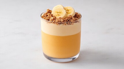 Creamy Banana Dessert Parfait with Crunchy Granola and Fresh Banana Slices in a Clear Glass on a Light Background