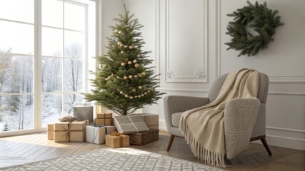 A Christmas tree is in a room with a wreath on the wall