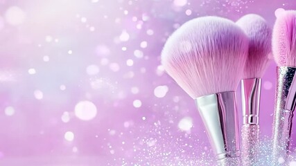 Sparkling pink makeup brushes rest on a shimmering surface, enhanced by a purple backdrop and soft bokeh effects, creating a dreamy and vibrant aesthetic - Powered by Adobe
