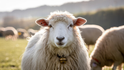 Fototapeta premium A close-up of a fluffy white sheep in a lush green field, exuding a calm and gentle demeanor. The warm sunlight highlights its woolly texture.