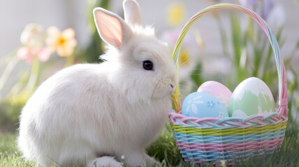 A fluffy white rabbit beside a pastel-colored Easter basket filled with decorated eggs, surrounded by vibrant spring flowers.