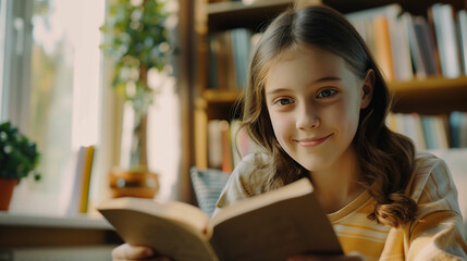 Young girl reading a book in a cozy library setting.