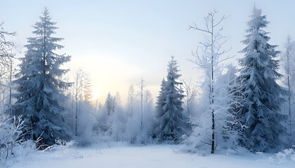 UHD Winter Landscape Featuring a Snow-Covered Forest with Tall Pines and Bare Branches