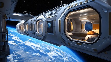 A futuristic space station with a window looking out at Earth. The interior of the station is visible, with a bed and a small table.