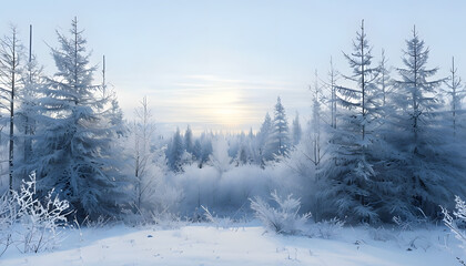 Fototapeta premium UHD Winter Landscape Featuring a Snow-Covered Forest with Tall Pines and Bare Branches
