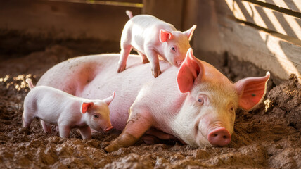 A mother pig resting comfortably in a barn, with two playful piglets climbing on her back, creating a warm and joyful scene.