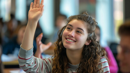 Engaged student raises hand to participate in classroom discussion during a lively lesson in a bright school setting