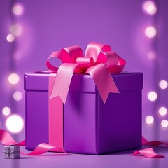 A purple gift box adorned with a pink ribbon and a large pink bow sits against a tranquil purple background subtle bokesh lights frame the scene frame christmas isolated