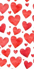 Watercolor red hearts seamless pattern isolated on white background, Valentine's Day