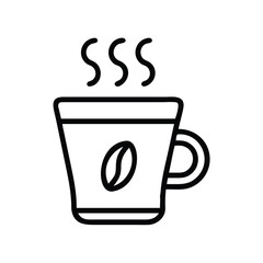 Coffee cup vector illustration with bean icon, Vector illustration of a coffee cup in black outline, featuring a coffee bean icon and stylized steam, representing a hot beverage.
