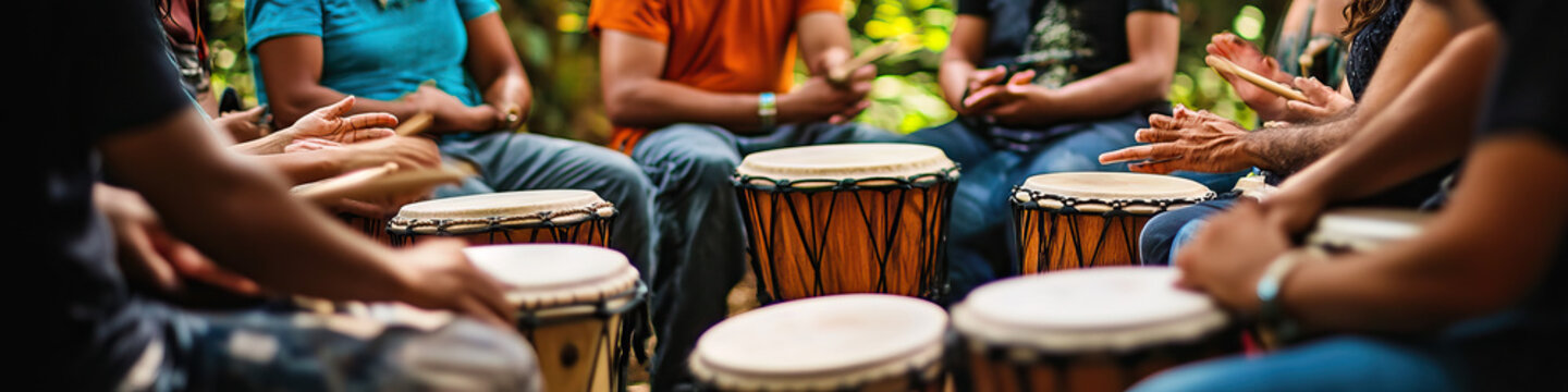The Rhythm of Kinship: A drum circle with people from different backgrounds playing together in harmony.