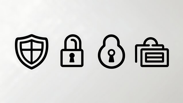 A stylized set of five vector icons on a pure white background, each representing a different aspect of security and privacy