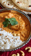 Chicken Breast Korma with creamy curry sauce, in a silver bowl, Indian food