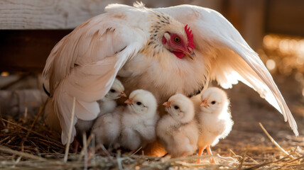 A nurturing white hen shelters her five fluffy yellow chicks under her wings, creating a warm and protective environment in a cozy farmyard setting.