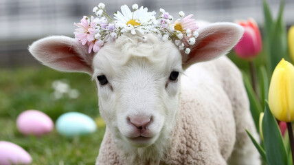 Obraz premium A cute lamb wearing a floral crown surrounded by colorful Easter eggs and tulips, capturing the essence of springtime joy and renewal.