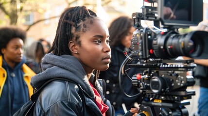 Young filmmaker operating professional camera on urban set