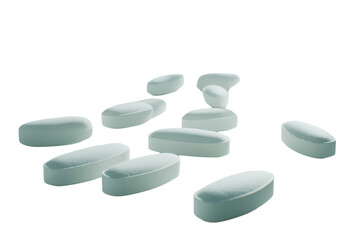 White capsules scattered on a white surface, isolated and representing medicine or supplements. PNG transparent.