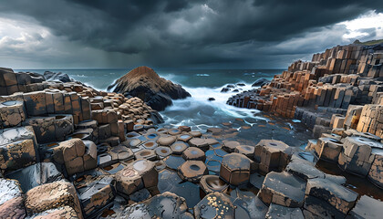 Dramatic Landscape of the Giant's Causeway with Unique Hexagonal Basalt Columns