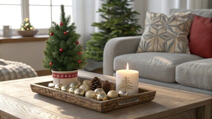 A Christmas tree is lit up in a living room with a couch and a coffee table